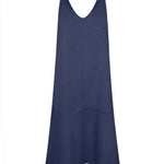 Navy linen slip dress with V-neckline and relaxed A-line silhouette on white background — AG Studio | Endless UAE
