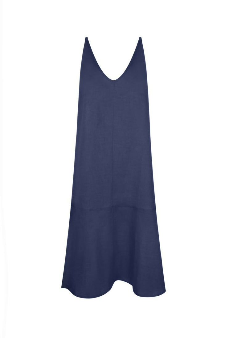 Navy linen slip dress with V-neckline and relaxed A-line silhouette on white background — AG Studio | Endless UAE