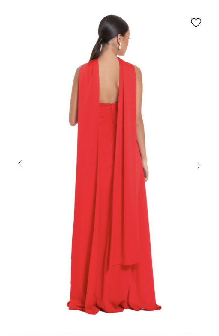 Evia Dress - flowing red maxi dress with dramatic cape back detail and deep V-neckline — The Concept | Endless UAE
