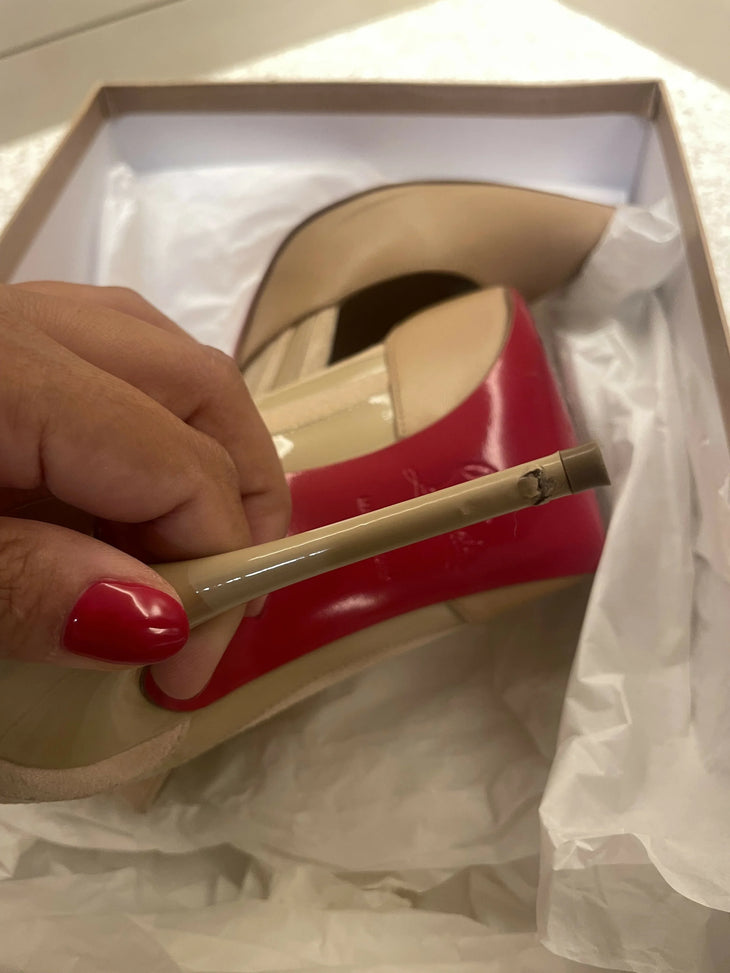 Nude patent leather pointed-toe pump with mesh panel detail and signature red sole stiletto heel — Christian Louboutin | Endless UAE