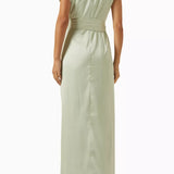 Woman wearing sage green off-shoulder draped maxi dress with belt — Endless | Endless UAE
