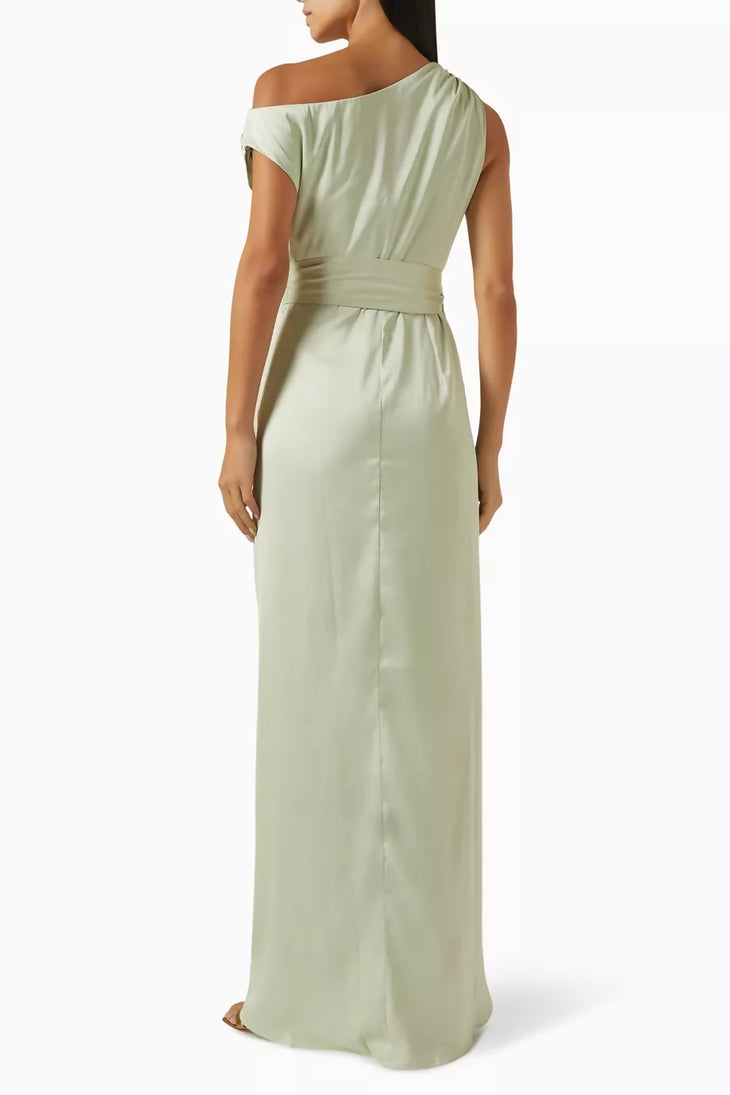 Woman wearing sage green off-shoulder draped maxi dress with belt — Endless | Endless UAE