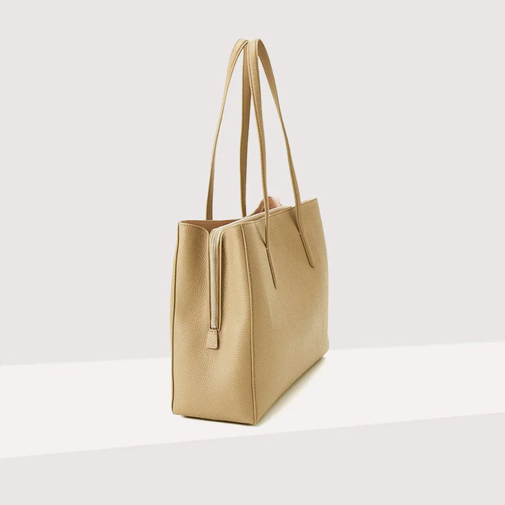 Beige leather tote bag with dual handles and minimalist design — Coccinelle | Endless UAE