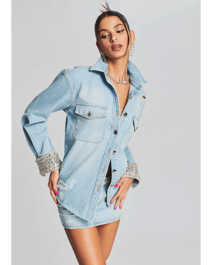 Light blue denim shirt dress with crystal-embellished cuffs and distressed details — Retrofete | Endless UAE