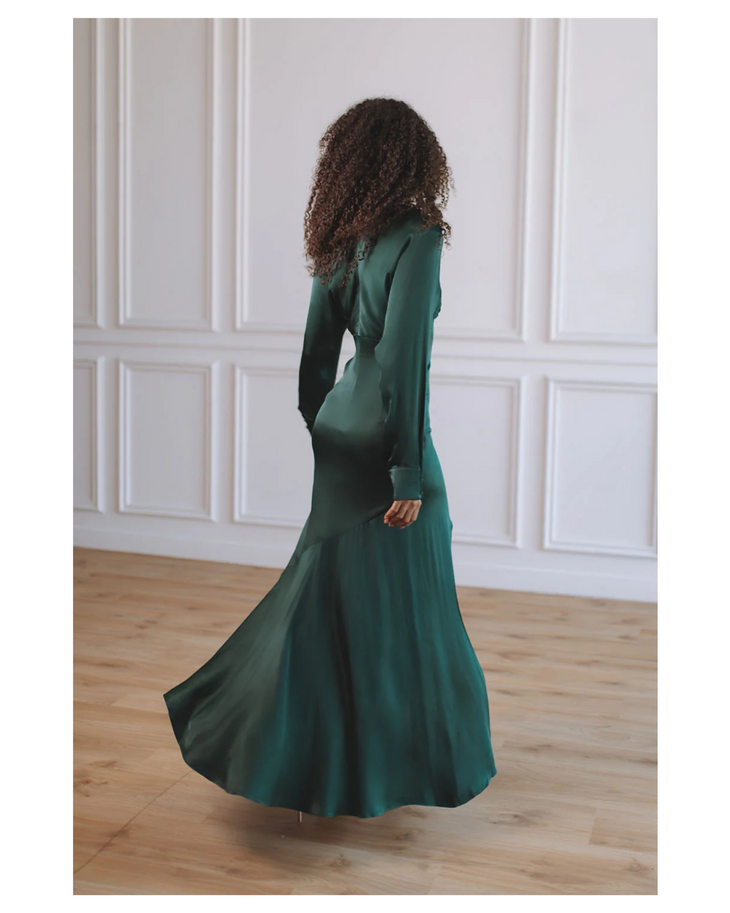 Kartia Long Sleeve Maxi Dress in forest green with asymmetrical hemline — Chic Le Frique | Endless UAE