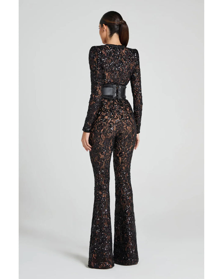 Black lace long-sleeve jumpsuit with studded belt and flared pants — Nadine Merabi | Endless UAE