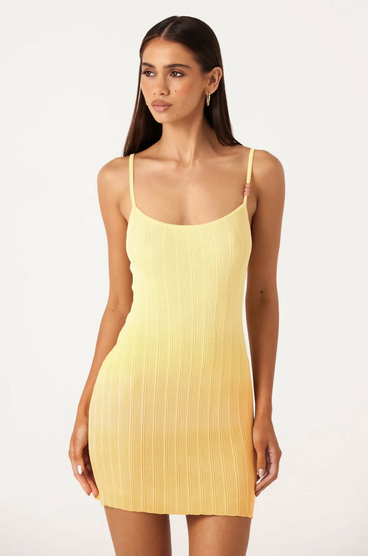 Fitted yellow ribbed knit mini dress with thin straps and scoop neckline — SNDYS | Endless UAE
