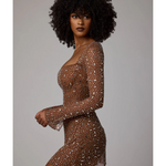 Zeta Sheer Embellished Long Sleeve A-Line Mini Dress in Mocha - Endless - UAE Rental and Resale for Women's Fashion