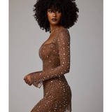 Zeta Sheer Embellished Long Sleeve A-Line Mini Dress in Mocha - Endless - UAE Rental and Resale for Women's Fashion