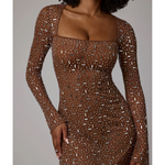 Zeta Sheer Embellished Long Sleeve A-Line Mini Dress in Mocha - Endless - UAE Rental and Resale for Women's Fashion
