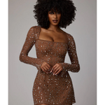 Zeta Sheer Embellished Long Sleeve A-Line Mini Dress in Mocha - Endless - UAE Rental and Resale for Women's Fashion