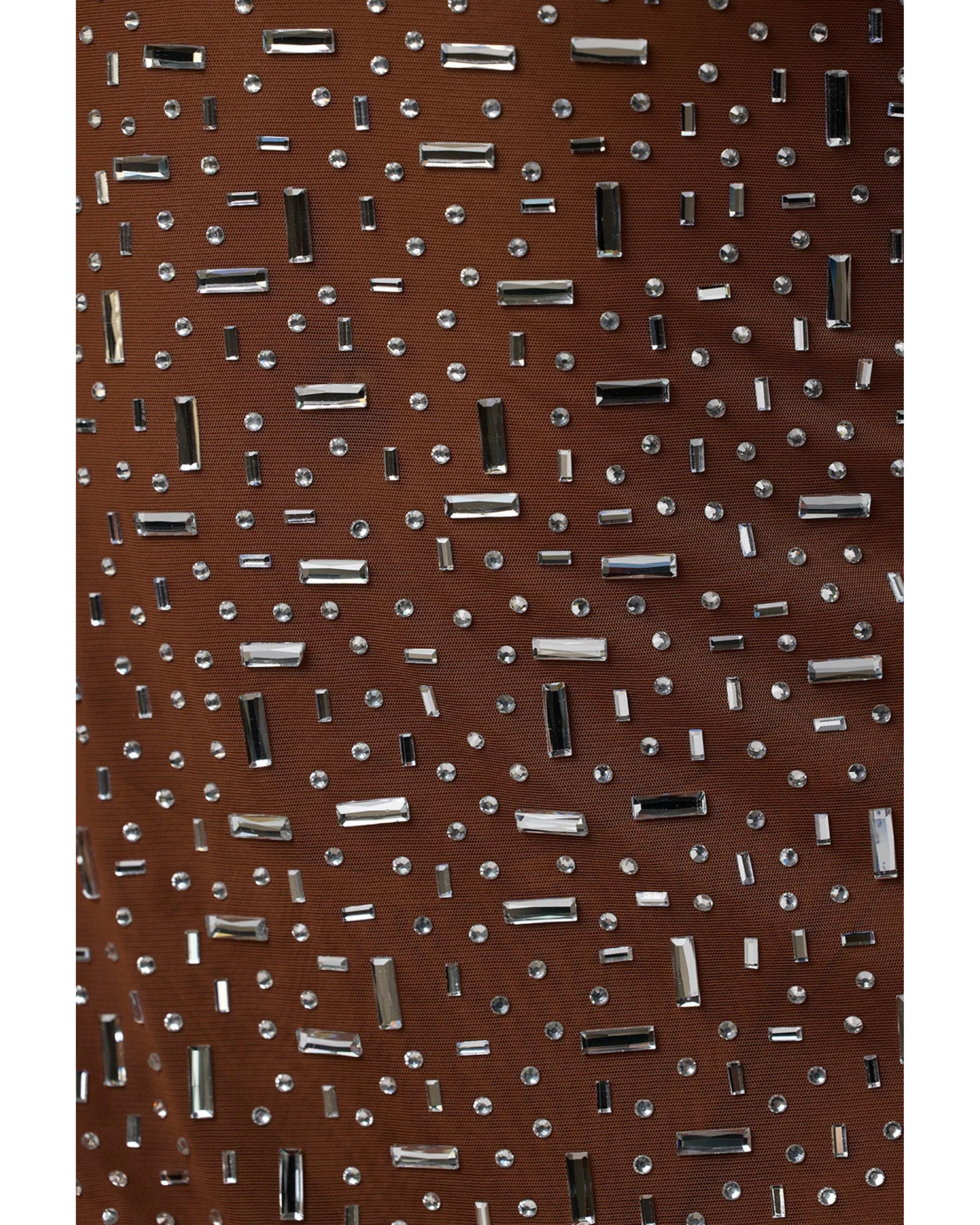 Zeta Sheer Embellished Long Sleeve A-Line Mini Dress in Mocha - Endless - UAE Rental and Resale for Women's Fashion