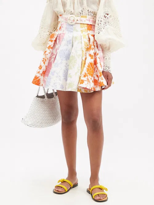 High-rise pleated floral-print poplin mini skirt with colorful pastel blooms — Zimmermann | Endless UAE