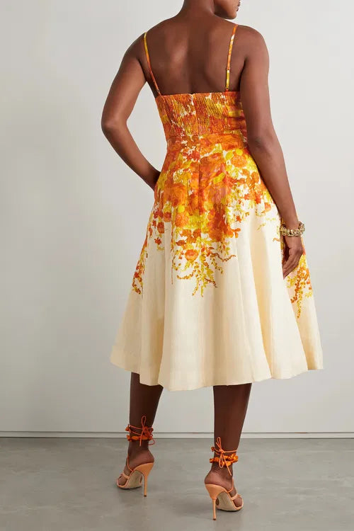 Zimmermann High Tide Picnic floral-print linen midi dress with sequin bodice and fit-and-flare silhouette — Zimmermann | Endless UAE