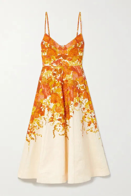 Zimmermann High Tide Picnic orange floral-print linen midi dress with spaghetti straps and gradient design — Zimmermann | Endless UAE