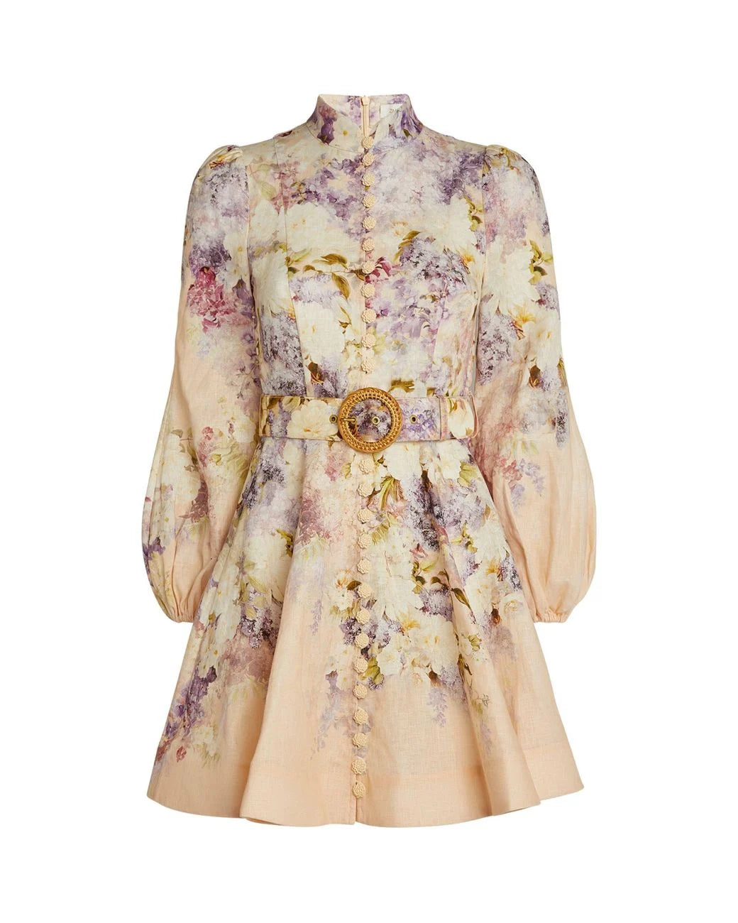 Floral print mini dress with high neck, balloon sleeves, and ornate gold belt buckle in cream and purple tones — ZIMMERMANN | Endless UAE