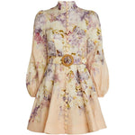 Floral print mini dress with high neck, balloon sleeves, and ornate gold belt buckle in cream and purple tones — ZIMMERMANN | Endless UAE