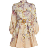 Floral print mini dress with high neck, balloon sleeves, and ornate gold belt buckle in cream and purple tones — ZIMMERMANN | Endless UAE