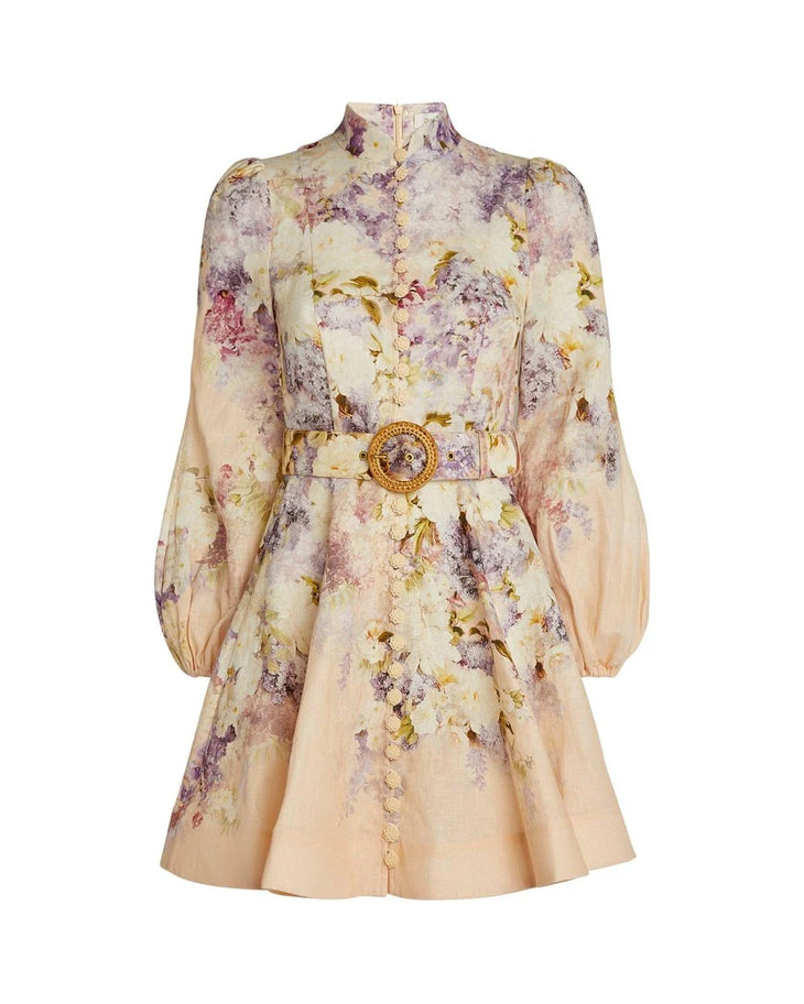 Floral print mini dress with high neck, balloon sleeves, and ornate gold belt buckle in cream and purple tones — ZIMMERMANN | Endless UAE
