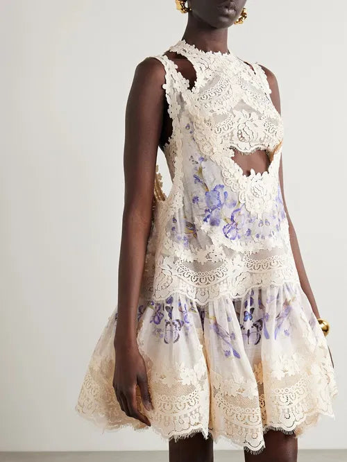 Natura Lace Patch Mini dress in cream with lavender floral detail — Zimmermann | Endless UAE
