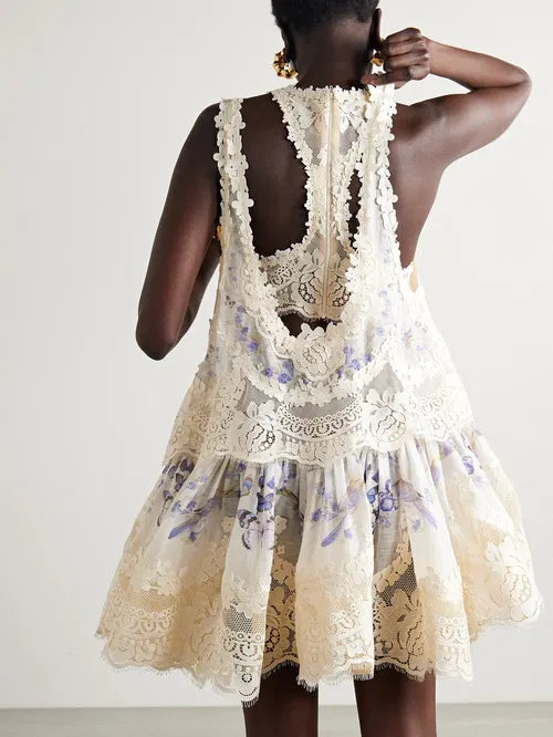 Natura Lace Patch Mini dress in cream with lavender floral detail — Zimmermann | Endless UAE