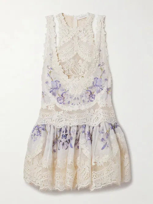 Natura Lace Patch Mini dress in cream with lavender floral detail — Zimmermann | Endless UAE
