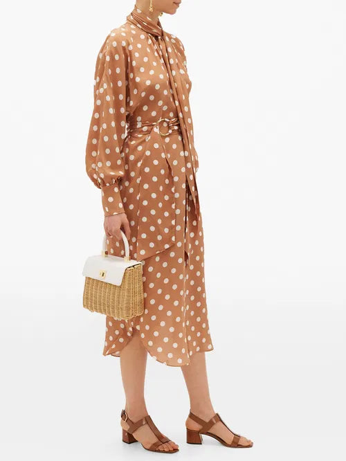 Camel polka-dot silk dress with belted waist and puffed sleeves — Zimmermann | Endless UAE