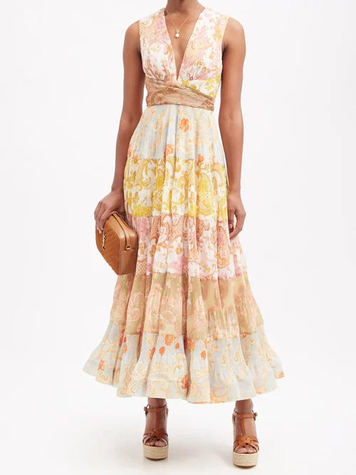 Postcard Pleated Paisley Chiffon Midi Dress in multicolor — Zimmermann | Endless UAE