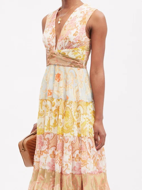 Postcard Pleated Paisley Chiffon Midi Dress in multicolor — Zimmermann | Endless UAE