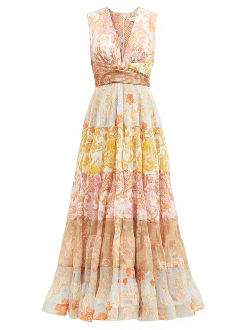 Postcard Pleated Paisley Chiffon Midi Dress in multicolor — Zimmermann | Endless UAE