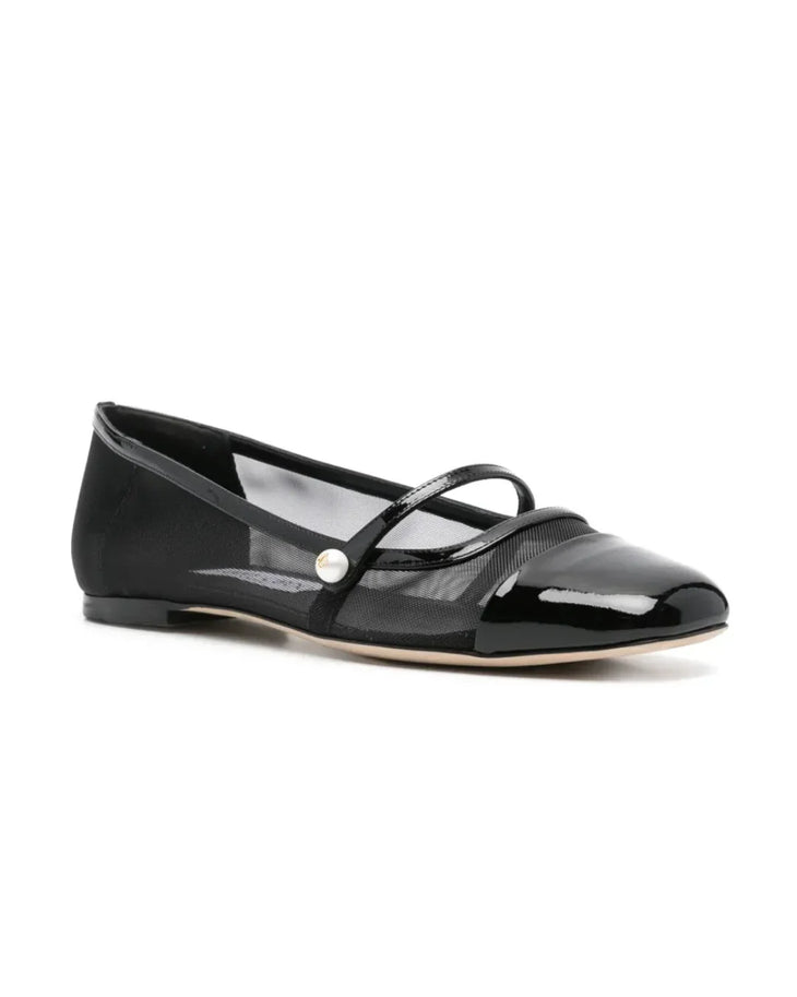Black mesh ballet flats with patent leather toe cap and pearl-embellished strap detail — Jimmy Choo | Endless UAE