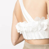 White ruffled bandeau crop top with floral garland detail and single shoulder strap — Zimmermann | Endless UAE