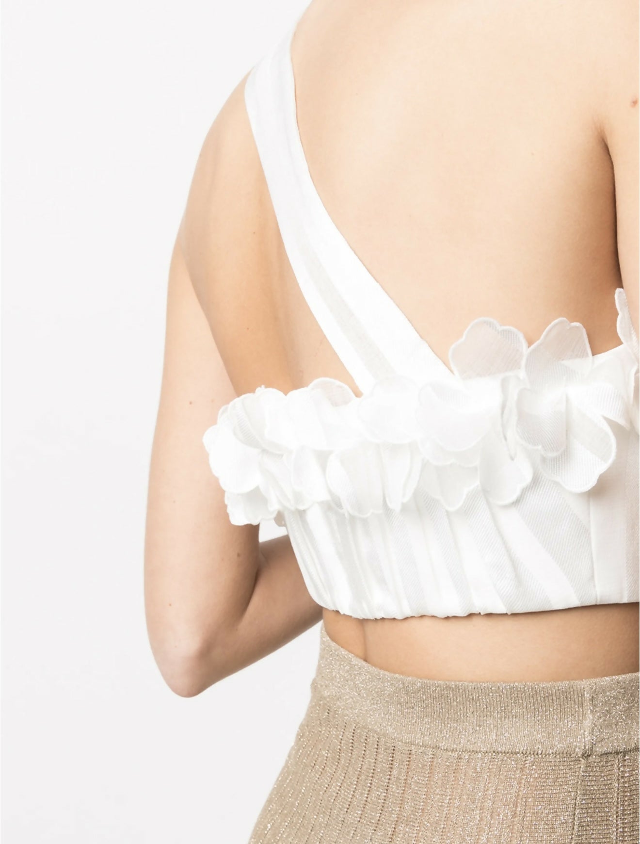 White ruffled bandeau crop top with floral garland detail and single shoulder strap — Zimmermann | Endless UAE