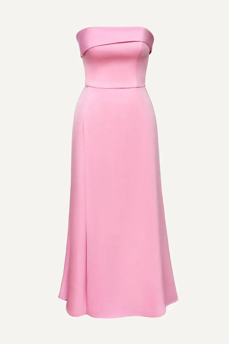 Woman modeling pink strapless wrap midi dress with turn-up detail — Post Meridiem | Endless UAE