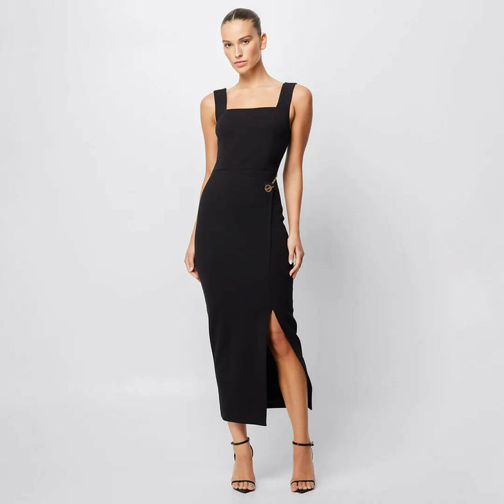Black sleeveless midi dress with square neckline and side slit — Mossman | Endless UAE