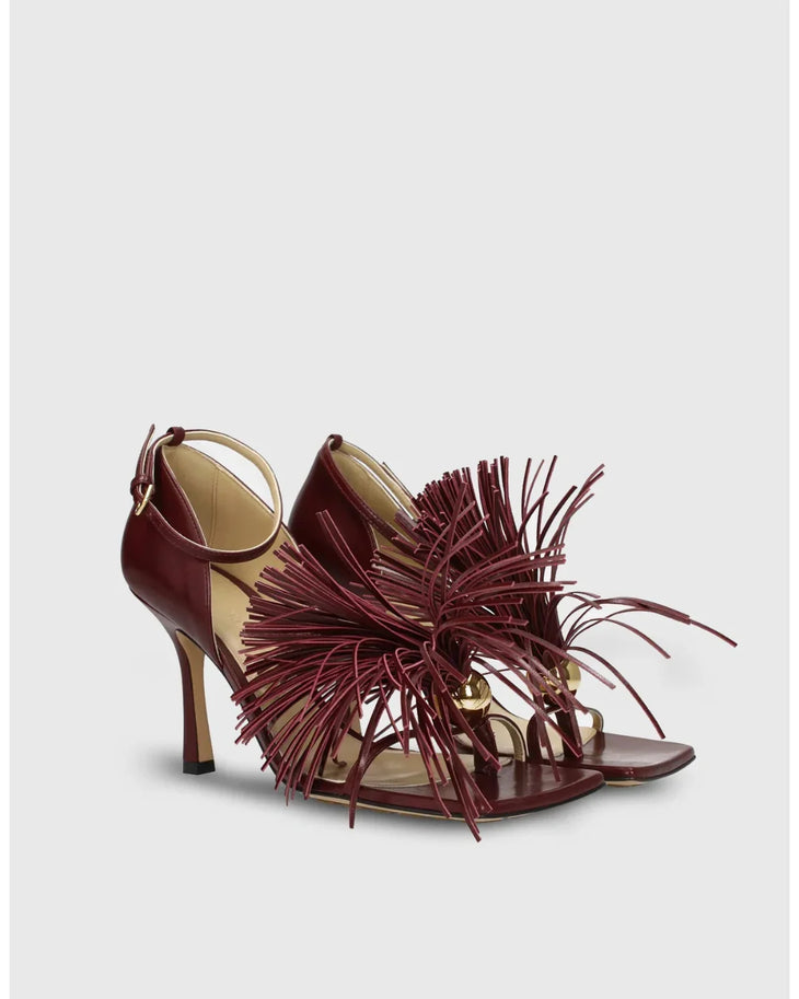 Burgundy leather sandal with tassel trim and ankle strap — Bottega Veneta | Endless UAE