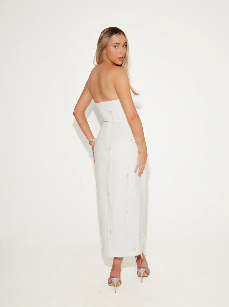 Elegant white strapless embellished midi dress with fitted silhouette and frayed hem, back view — Odd Muse | Endless UAE