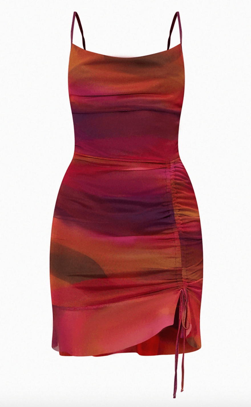 Abstract Print Mesh Ruched Bodycon Dress - Endless