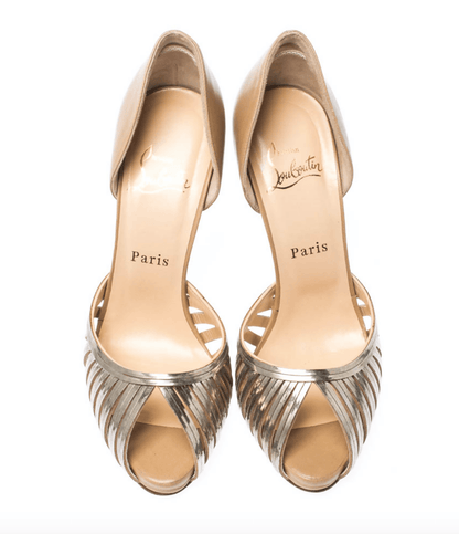 Beige & Gold Lasercut Metal and Leather D'Orsay Peep Toe Pumps - Endless
