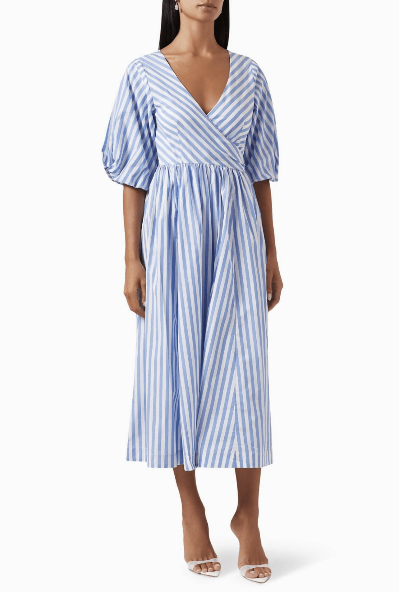 Blue and White Stripe Wrap Midi Dress - Endless