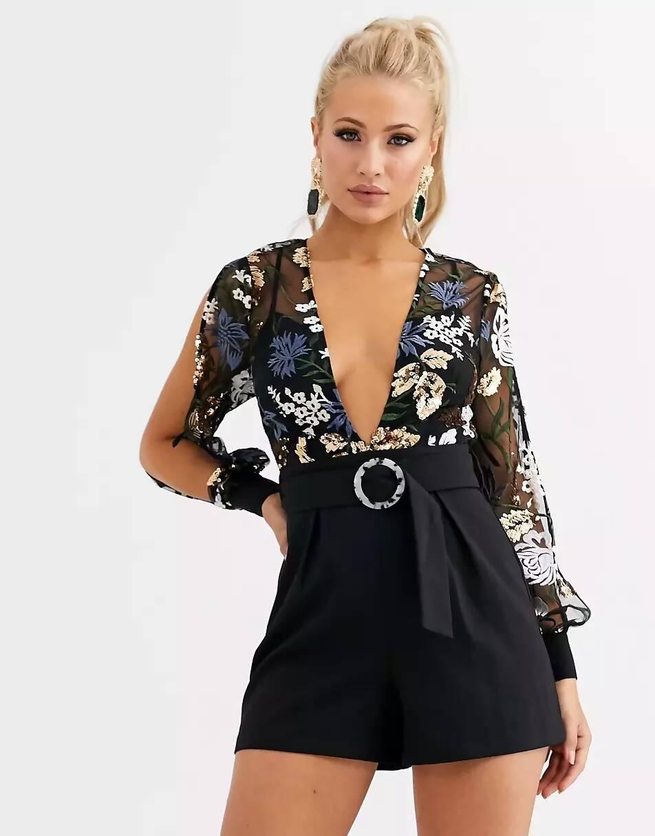 Embellished Playsuit with Split Sleeve and Belt - Endless - UAE Rental and Resale for Women's Fashion