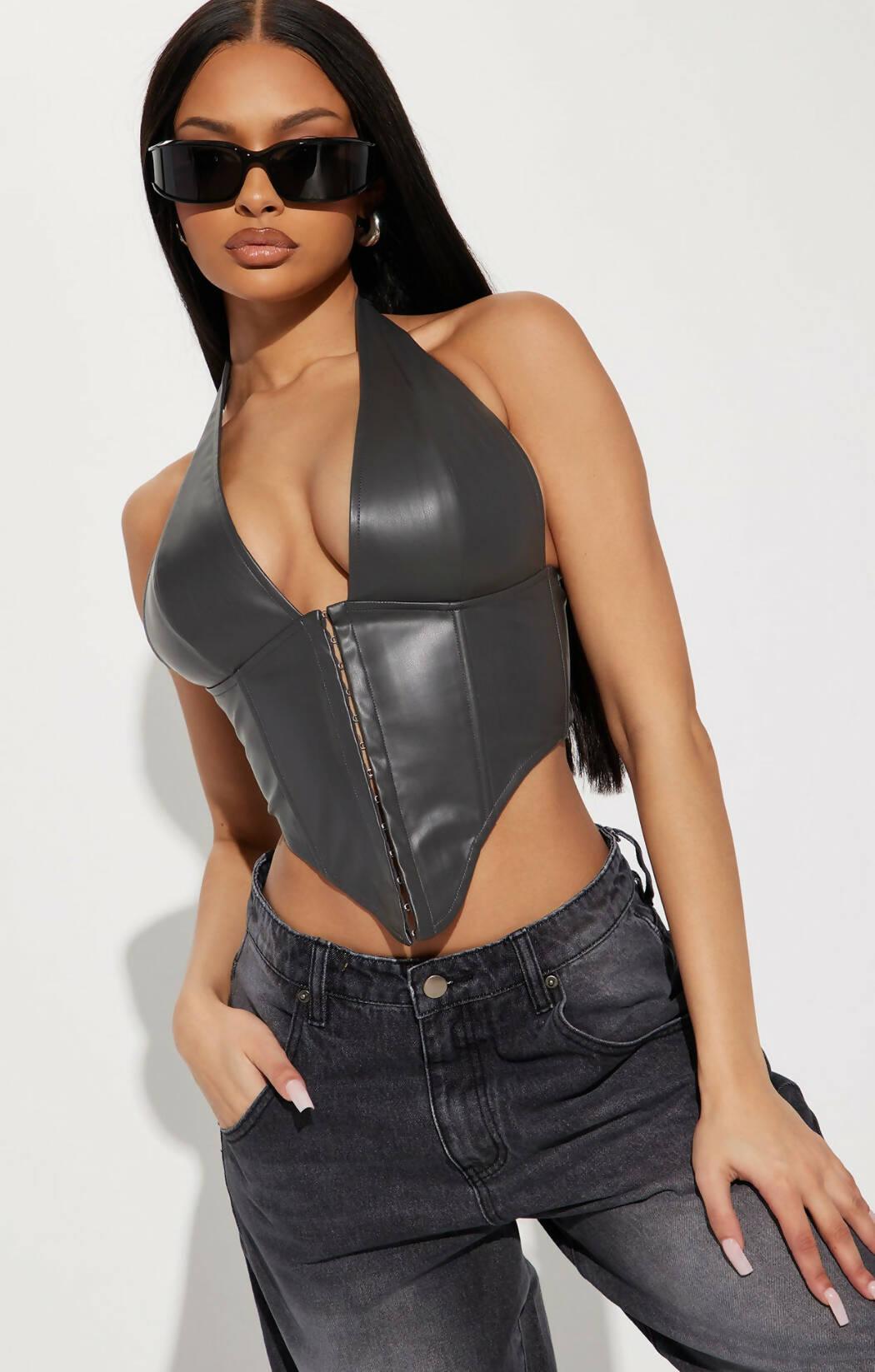 Influence PU Corset Top in Charcoal - Endless