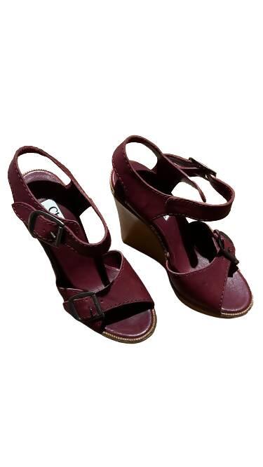 Maroon Leather Wooden Wedge Sandals - Endless