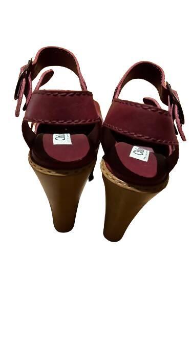 Maroon Leather Wooden Wedge Sandals - Endless