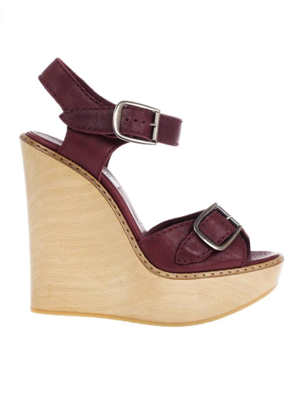Maroon Leather Wooden Wedge Sandals - Endless - UAE Rental and Resale for Women's Fashion