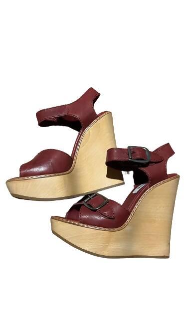 Maroon Leather Wooden Wedge Sandals - Endless