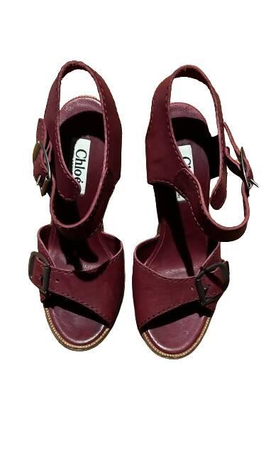 Maroon Leather Wooden Wedge Sandals - Endless