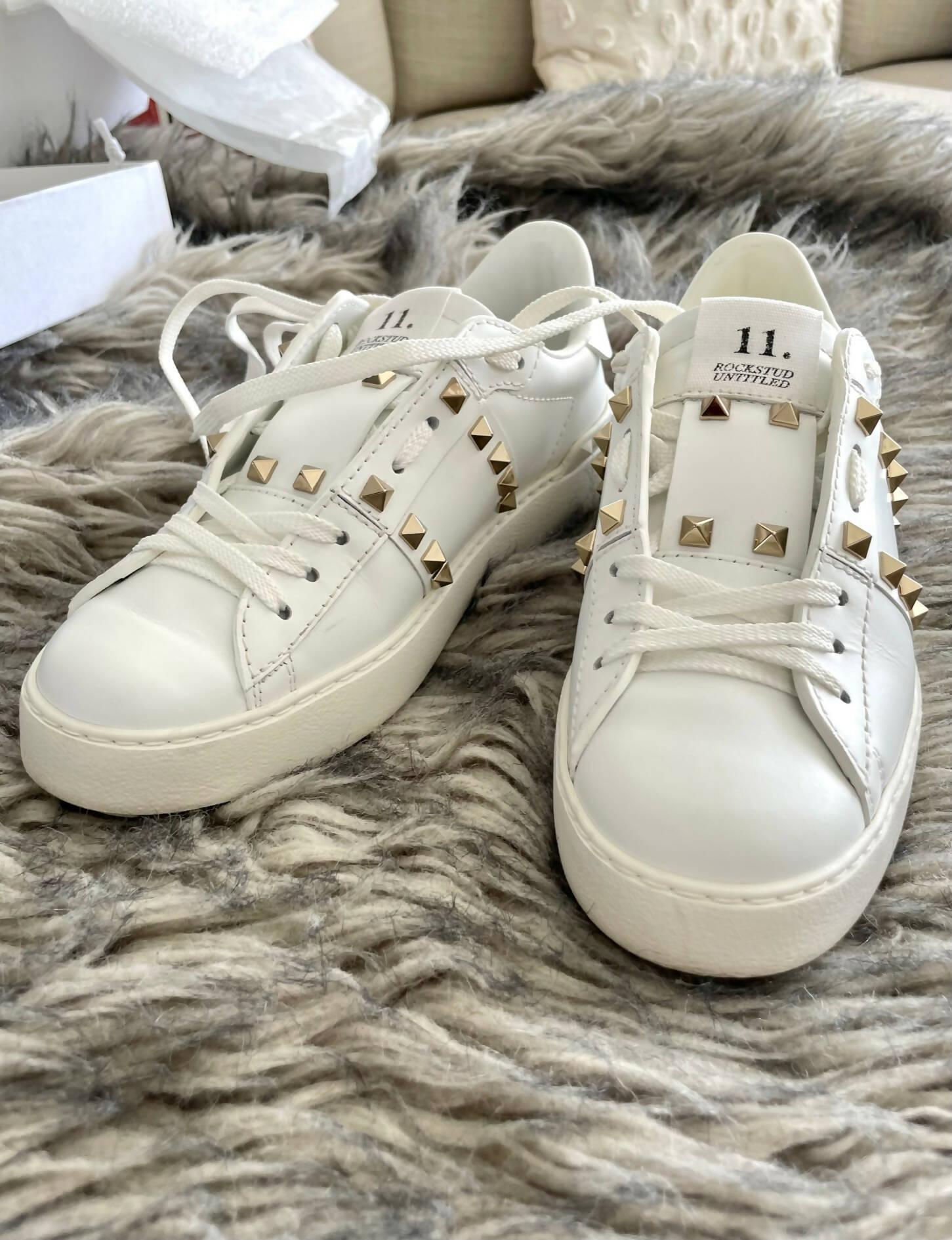 Valentino White Rockstud Lace Up Sneakers - Endless