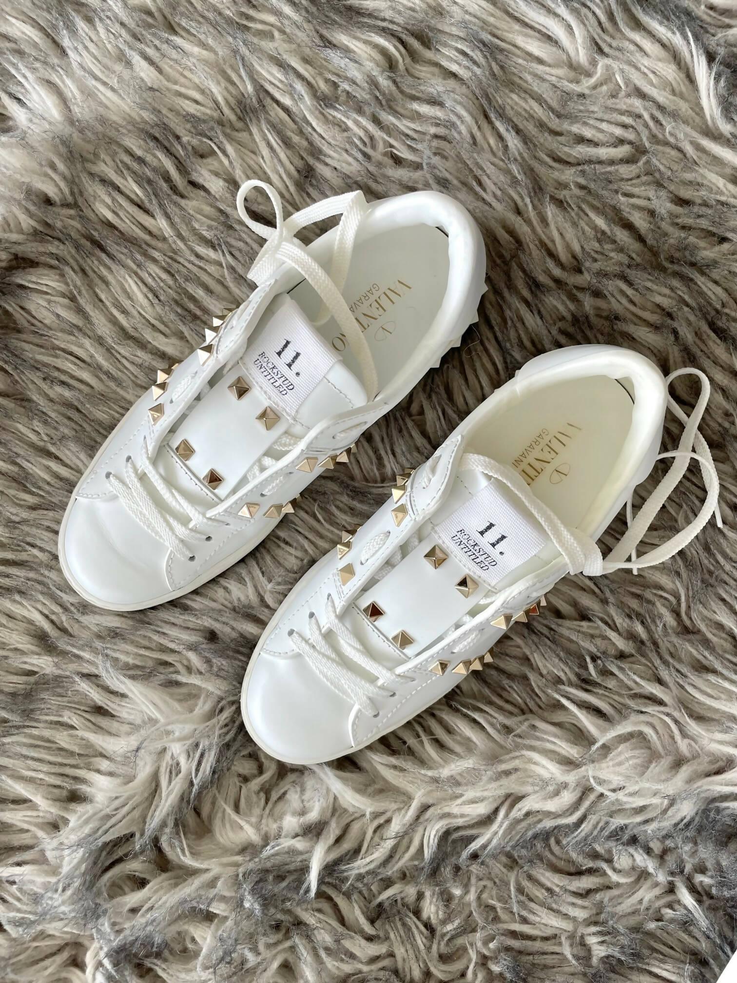 Valentino White Rockstud Lace Up Sneakers - Endless