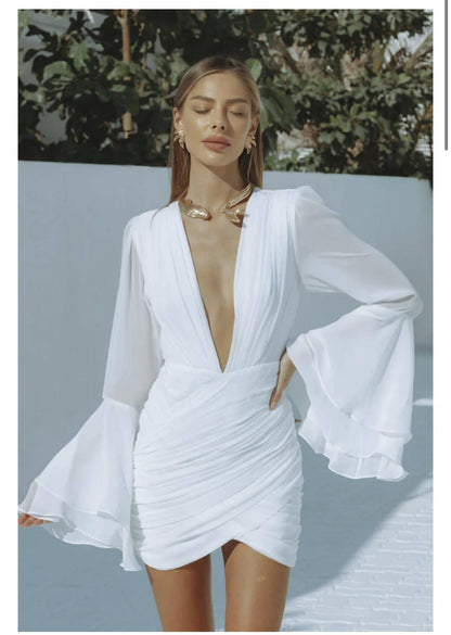 White Ruched Mini Dress Long Sleeve Tiered Arms - Endless